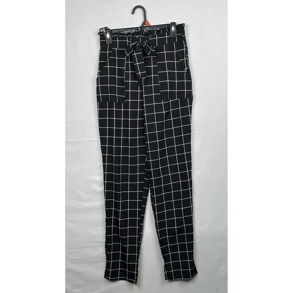 SHEIN Grid Print Paperbag Waist Pants Womens Size S Black White Tapered Trousers